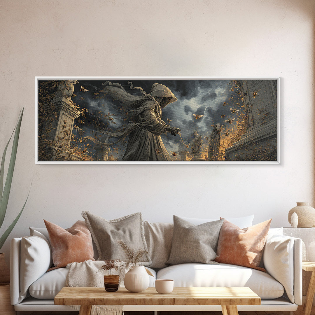The Cemetery Beekeeper, Extra Wide Wall Art, Spooky Home Decor, Canvas Print, Halloween Wall Decor, Gothic Home Decor, Statement Wall Art