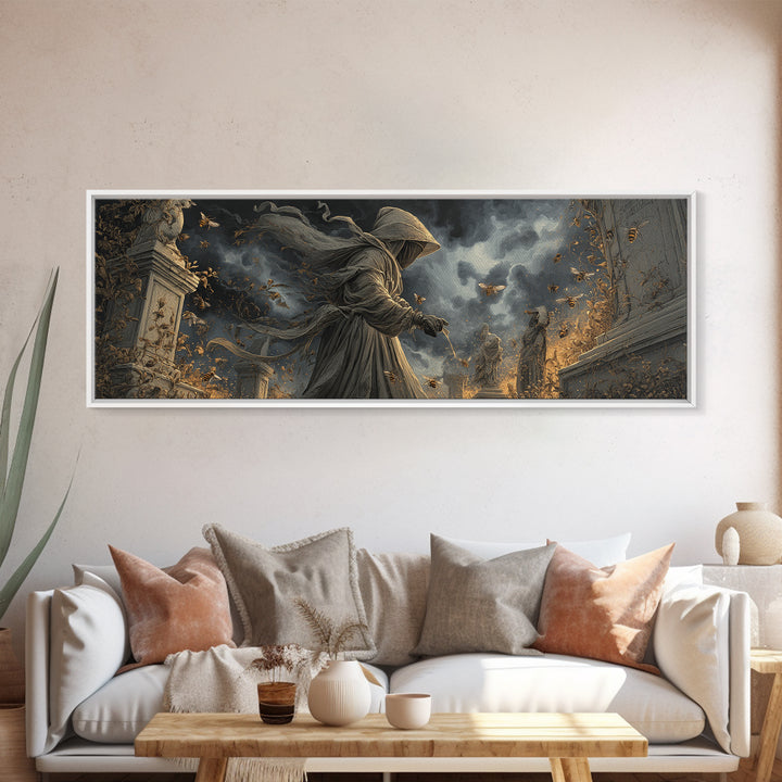 The Cemetery Beekeeper, Extra Wide Wall Art, Spooky Home Decor, Canvas Print, Halloween Wall Decor, Gothic Home Decor, Statement Wall Art