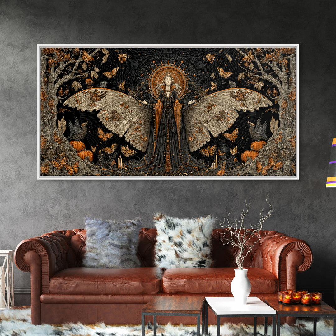 The Moth-Winged Empress, Wide Panoramic Art, Gothic Horror Wall Art, Framed Canvas Print, Halloween Wall Decor, Gothic Home Decor