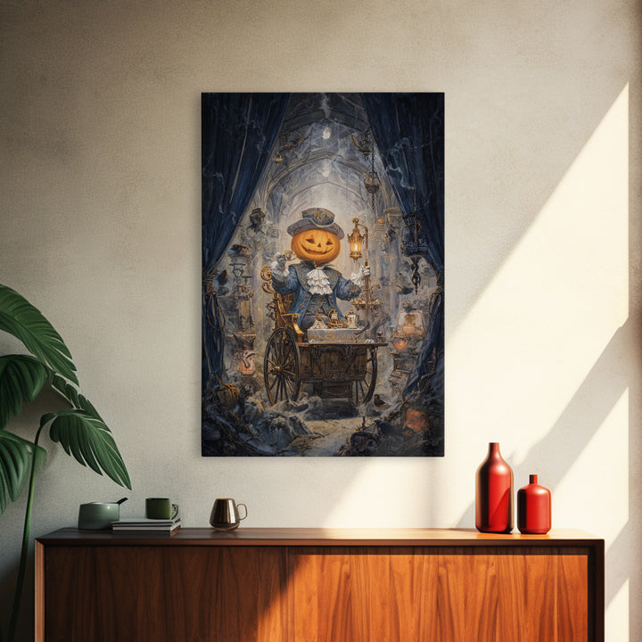 The Pumpkin-Headed Tea Merchant, Vertical Wall Art, Macabre Wall Art, Framed Canvas Print, Halloween Wall Decor, Gothic Home Decor
