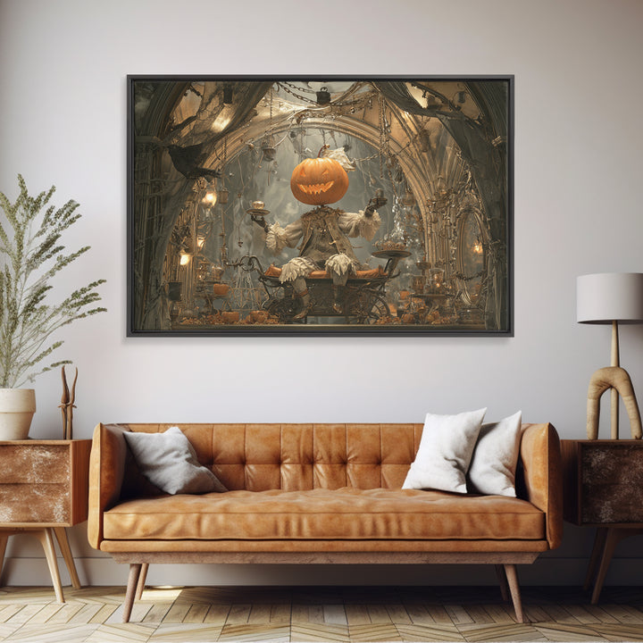 The Pumpkin-Headed Tea Merchant, Landscape Wall Art, Dark Halloween Decor, Canvas Print, Halloween Wall Decor, Gothic Home Decor