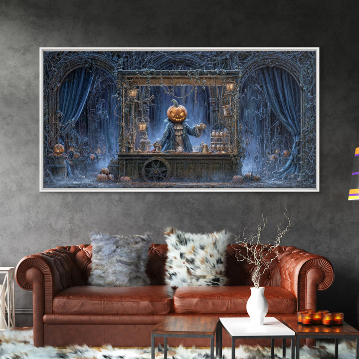 The Pumpkin-Headed Tea Merchant, Wide Panoramic Art, Dark Halloween Decor, Canvas Print, Halloween Wall Decor, Gothic Home Decor