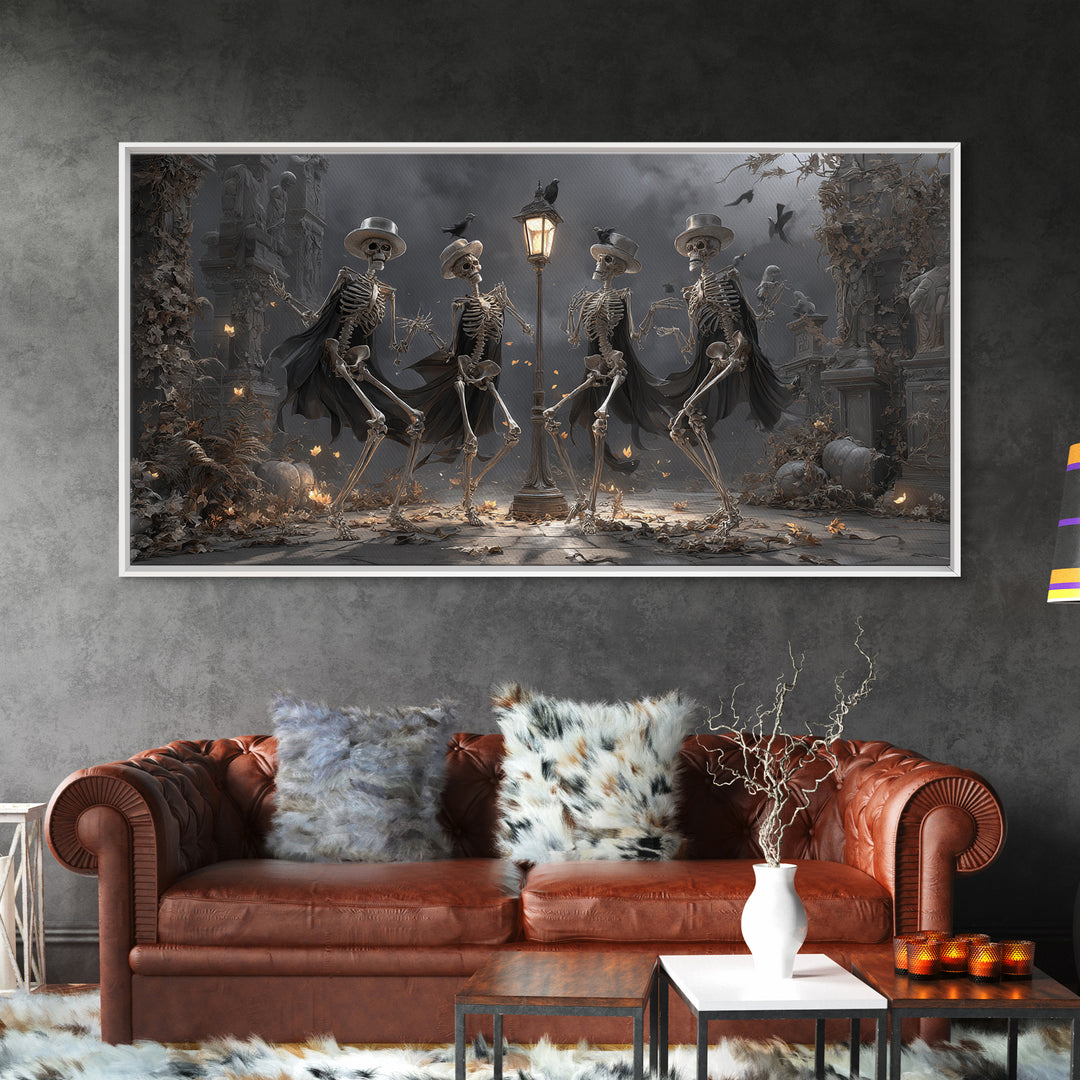 The Skeleton Barbershop Quartet, Wide Panoramic Art, Macabre Wall Art, Framed Canvas Print, Halloween Wall Decor, Gothic Home Decor