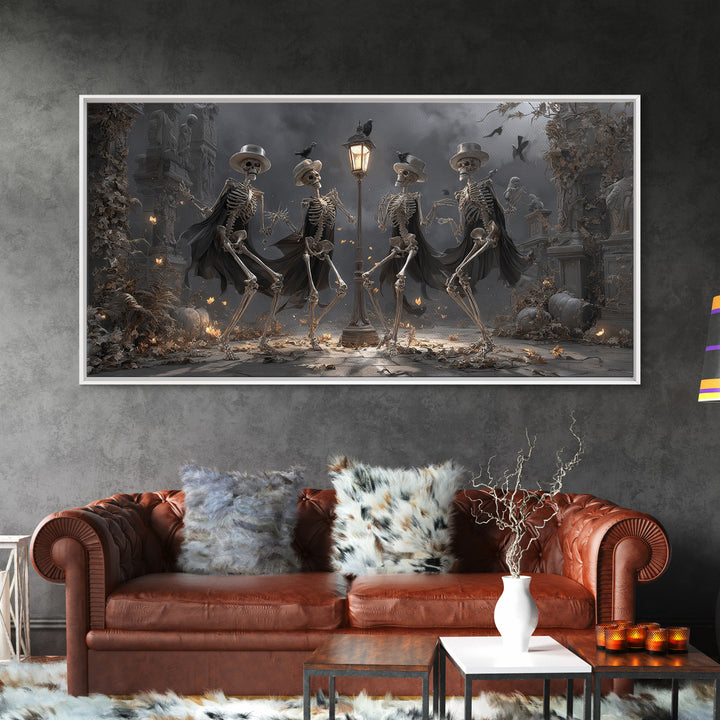 The Skeleton Barbershop Quartet, Wide Panoramic Art, Macabre Wall Art, Framed Canvas Print, Halloween Wall Decor, Gothic Home Decor
