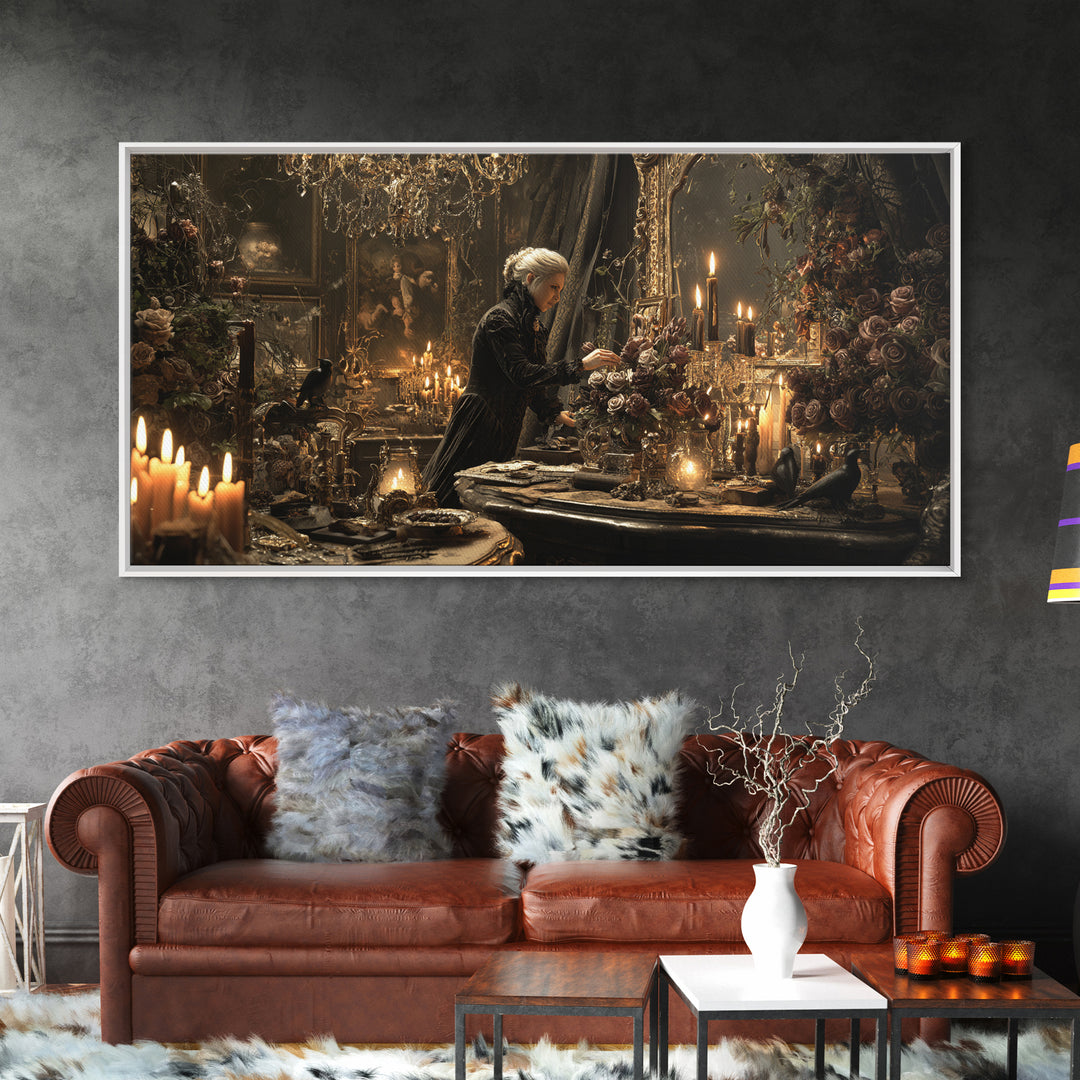 The Vampire Florist, Wide Panoramic Art, Dark Halloween Decor, Canvas Print, Halloween Wall Decor, Gothic Home Decor, Macabre Wall Art