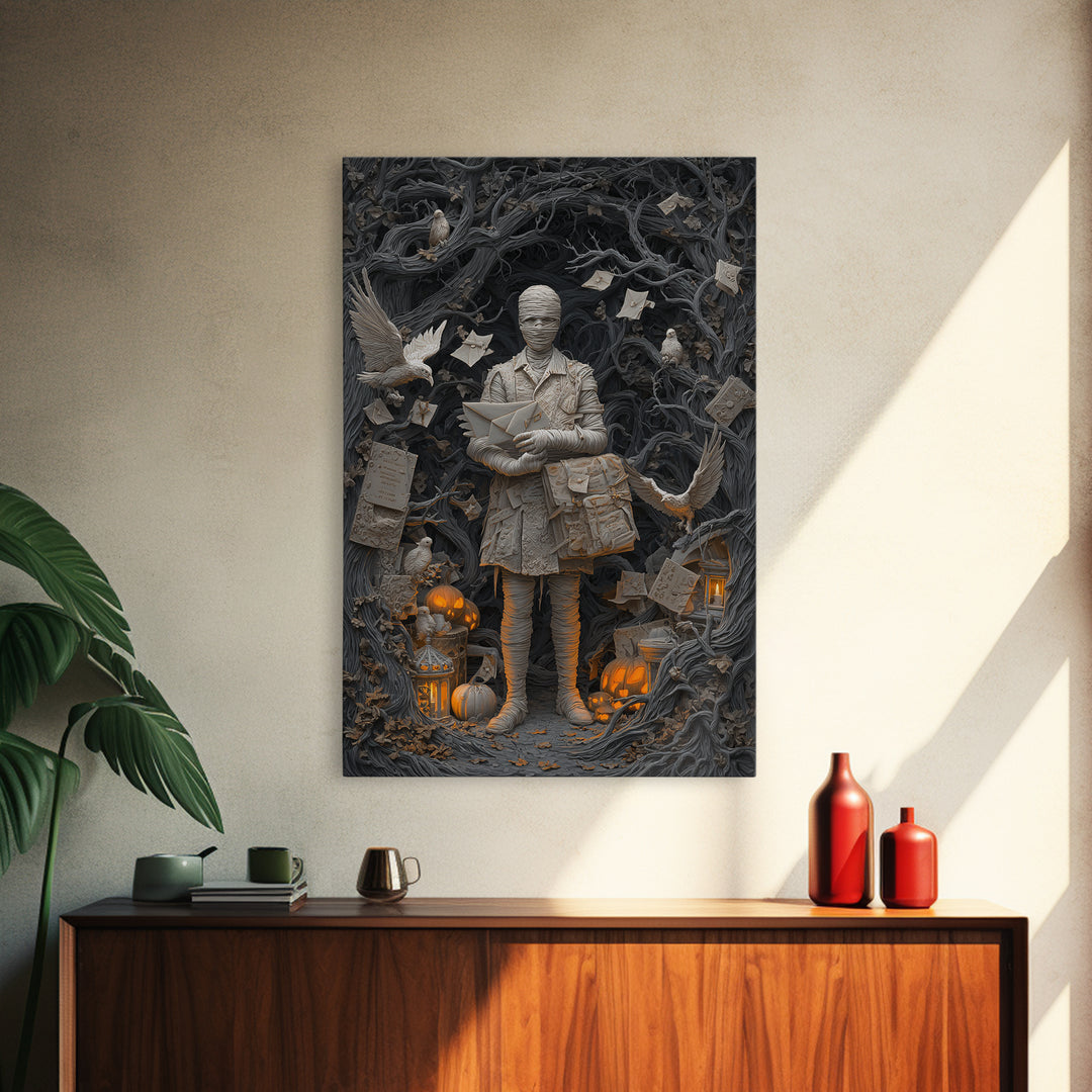 The Mummy Mail Carrier, Vertical Wall Art, Gothic Horror Wall Art, Framed Canvas Print, Halloween Wall Decor, Gothic Home Decor