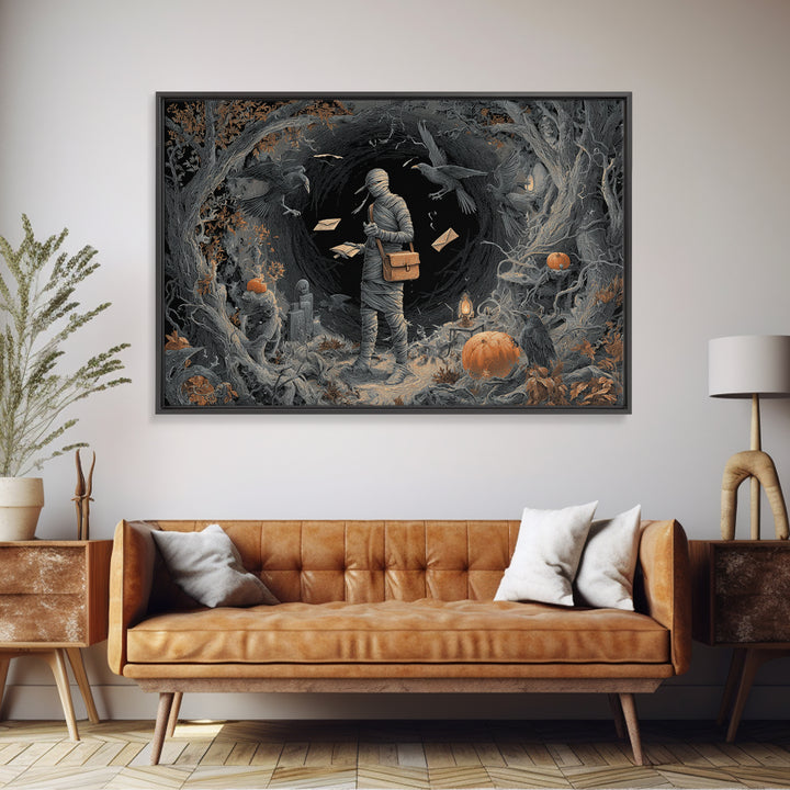 The Mummy Mail Carrier, Landscape Wall Art, Haunted Gothic Art, Framed Canvas Print, Halloween Wall Decor, Gothic Home Decor