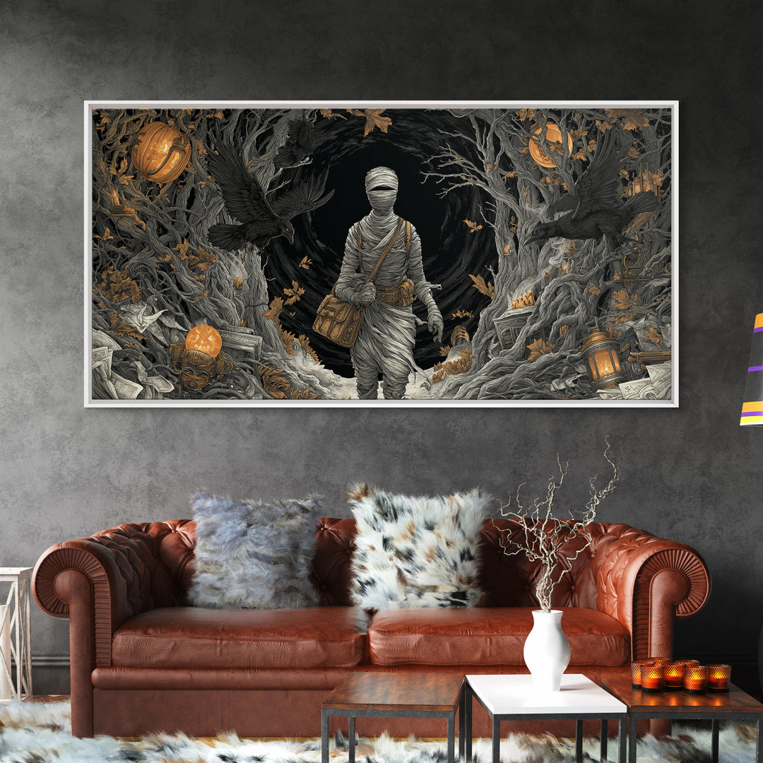 The Mummy Mail Carrier, Wide Panoramic Art, Dark Fantasy Wall Art, Canvas Print, Halloween Wall Decor, Gothic Home Decor, Spooky Wall Decor