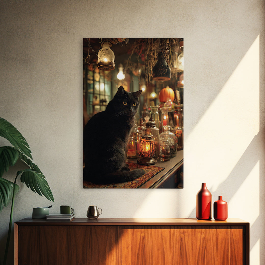 The Witch'S Cat Cafe, Vertical Wall Art, Gothic Horror Wall Art, Framed Canvas Print, Halloween Wall Decor, Gothic Home Decor