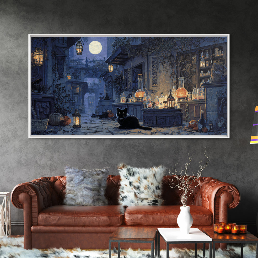 The Witch'S Cat Cafe, Wide Panoramic Art, Dark Fantasy Wall Art, Canvas Print, Halloween Wall Decor, Gothic Home Decor, Macabre Wall Art