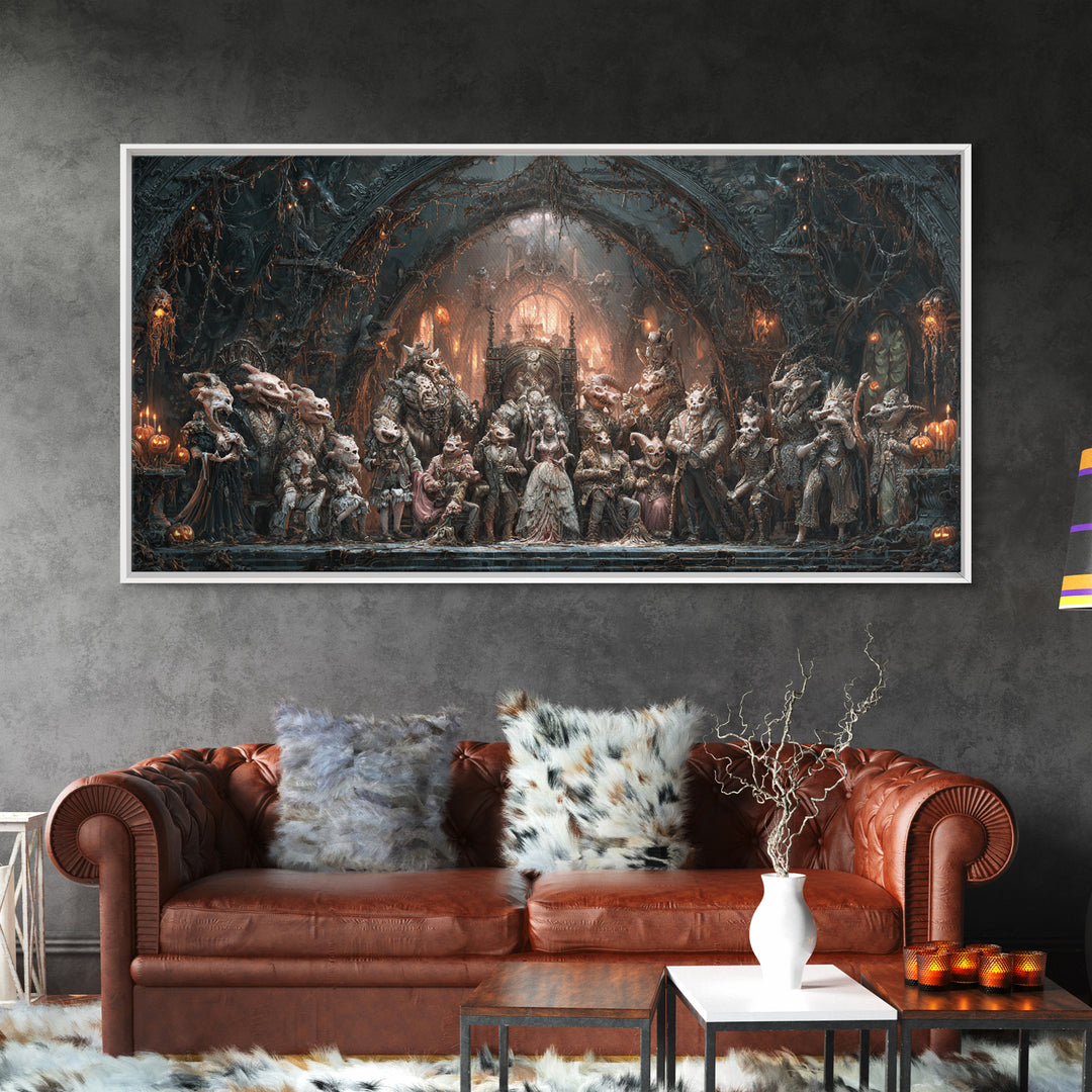 The Monster Family Portrait, Wide Panoramic Art, Haunted Gothic Art, Framed Canvas Print, Halloween Wall Decor, Gothic Home Decor