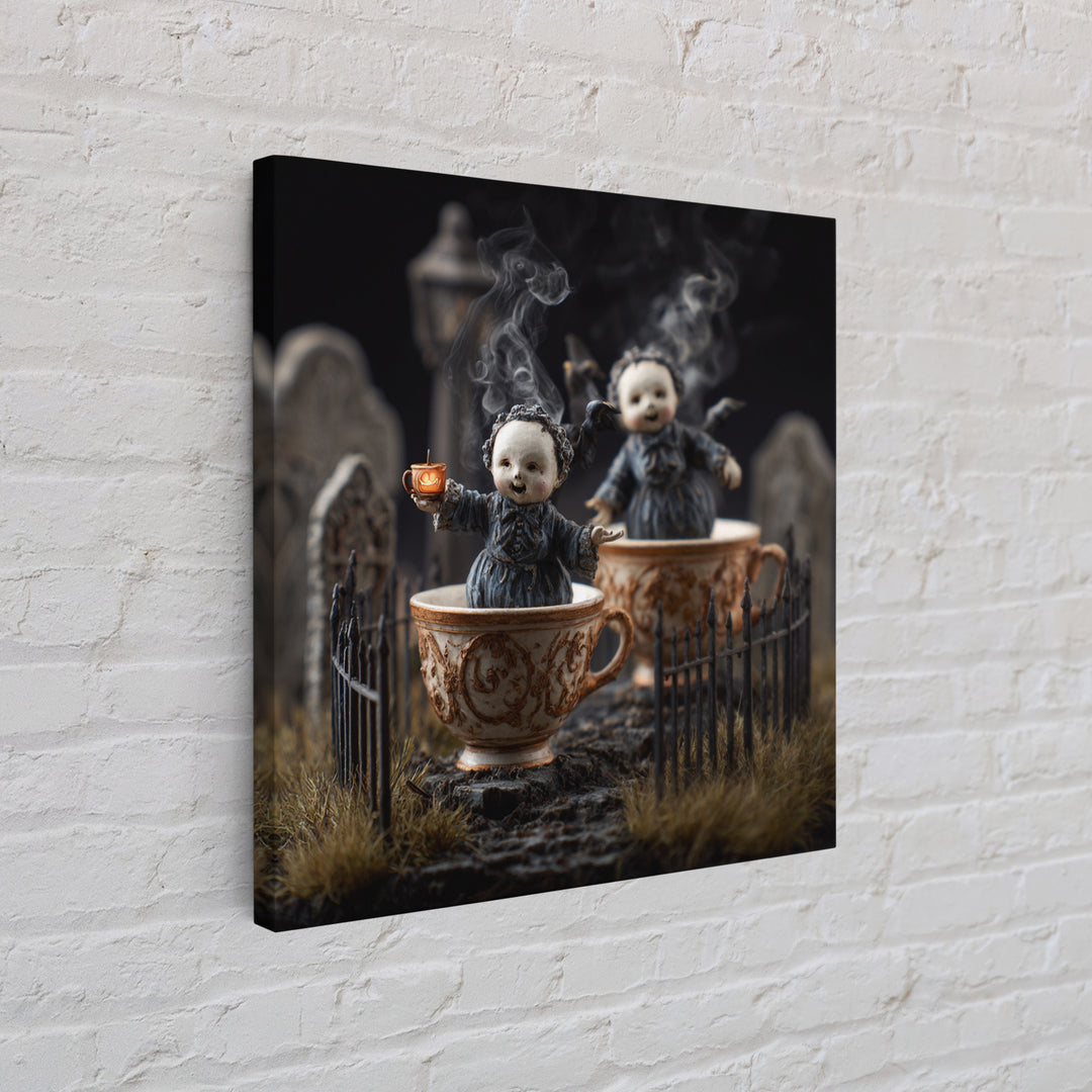 Tiny Ghosts In Teacups, Square Wall Art, Spooky Home Decor, Canvas Print, Halloween Wall Decor, Gothic Home Decor, Horror Wall Art