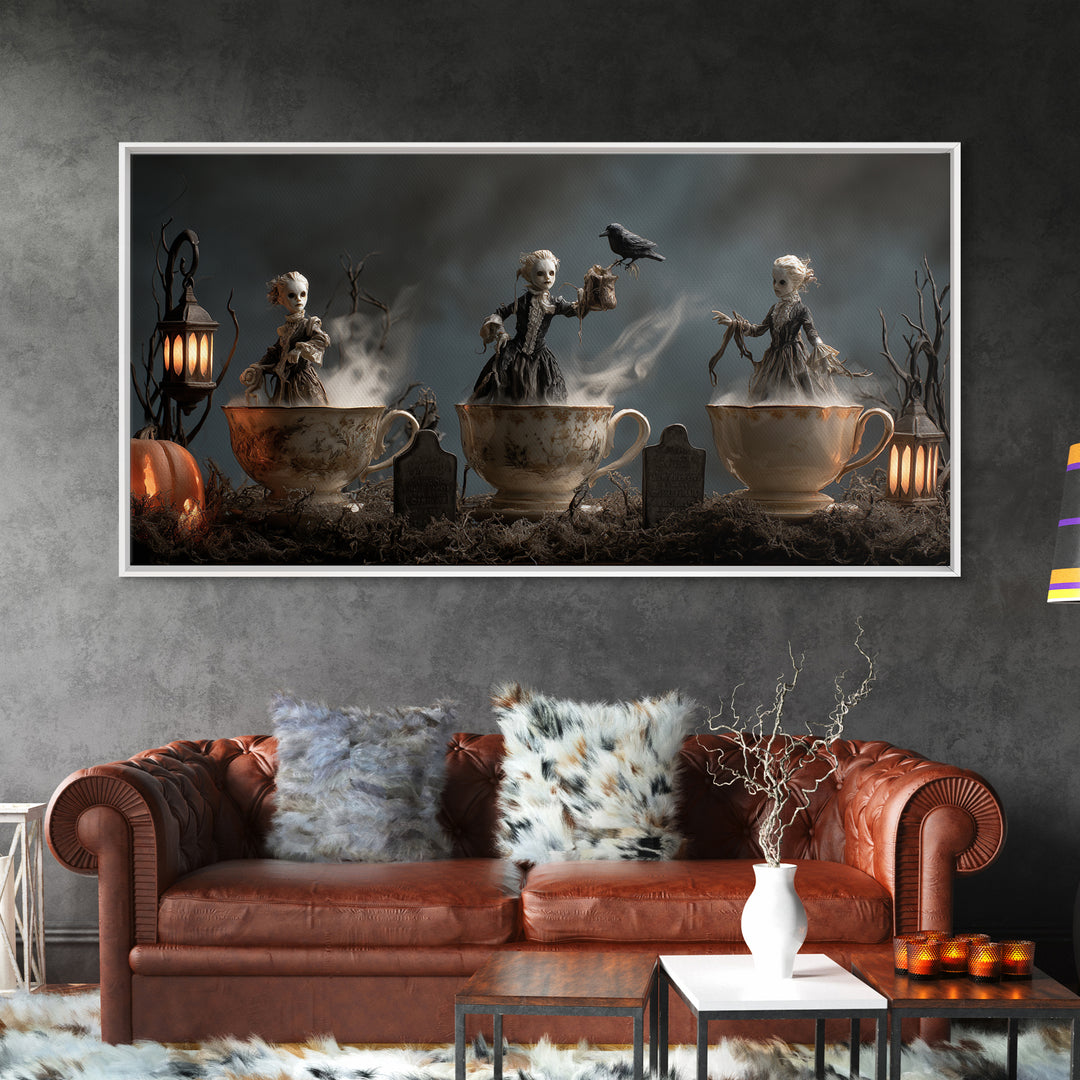 Tiny Ghosts In Teacups, Wide Panoramic Art, Haunted Gothic Art, Framed Canvas Print, Halloween Wall Decor, Gothic Home Decor