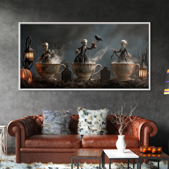 Tiny Ghosts In Teacups, Wide Panoramic Art, Haunted Gothic Art, Framed Canvas Print, Halloween Wall Decor, Gothic Home Decor
