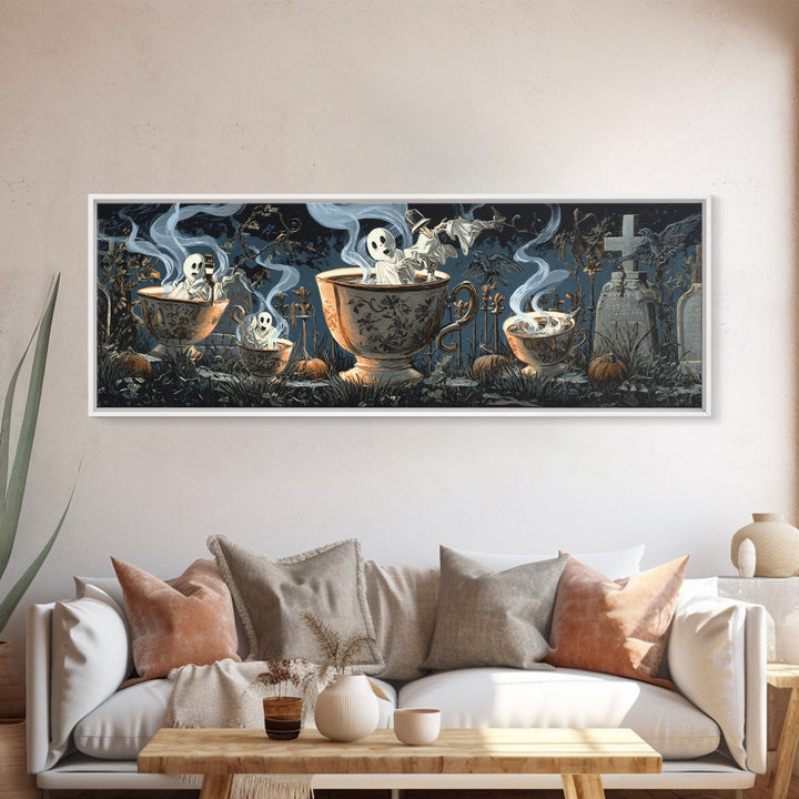 Tiny Ghosts In Teacups, Extra Wide Wall Art, Spooky Home Decor, Canvas Print, Halloween Wall Decor, Gothic Home Decor, Spooky Wall Decor