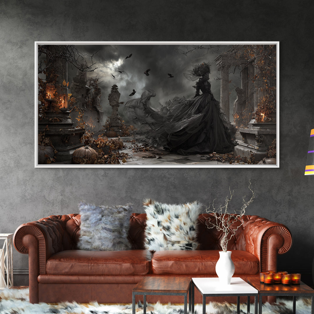 The Spider Sewing Circle, Wide Panoramic Art, Haunted Gothic Art, Framed Canvas Print, Halloween Wall Decor, Gothic Home Decor