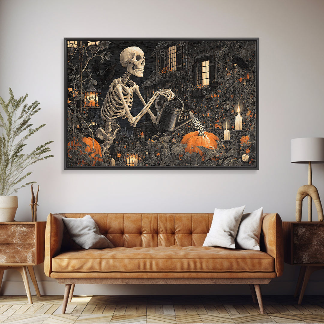 The Skeleton Gardeners, Landscape Wall Art, Gothic Horror Wall Art, Framed Canvas Print, Halloween Wall Decor, Gothic Home Decor