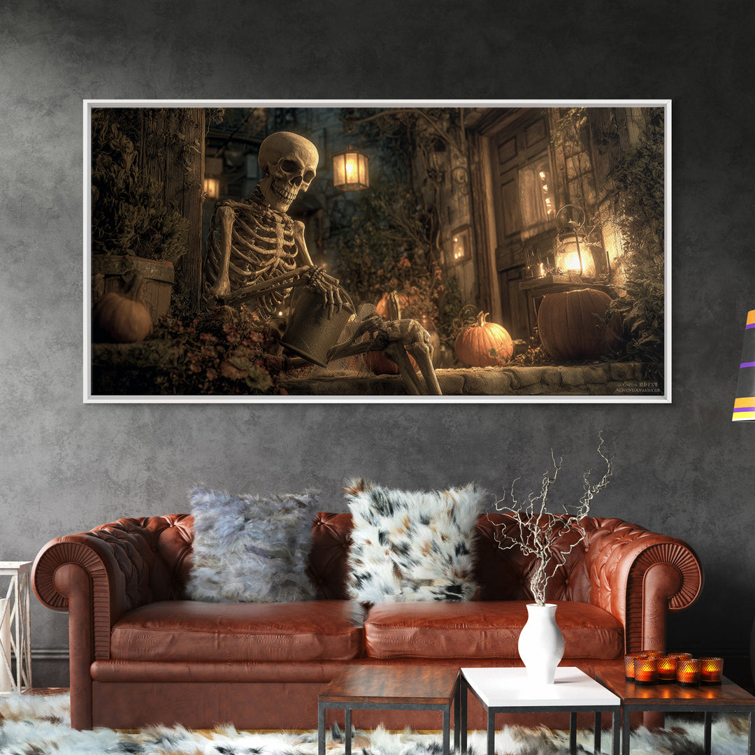 The Skeleton Gardeners, Wide Panoramic Art, Dark Fantasy Wall Art, Canvas Print, Halloween Wall Decor, Gothic Home Decor, Spooky Wall Decor