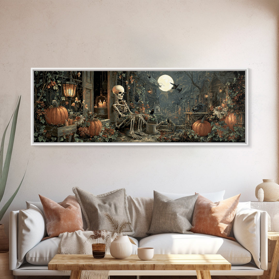 The Skeleton Gardeners, Extra Wide Wall Art, Gothic Horror Wall Art, Framed Canvas Print, Halloween Wall Decor, Gothic Home Decor