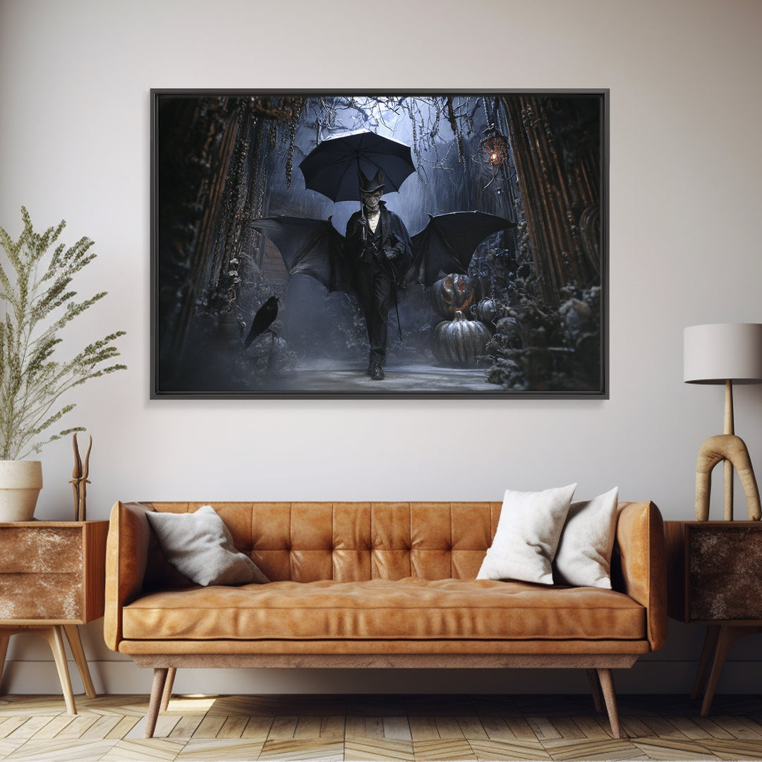 The Bat Umbrella Salesman, Landscape Wall Art, Gothic Horror Wall Art, Framed Canvas Print, Halloween Wall Decor, Gothic Home Decor