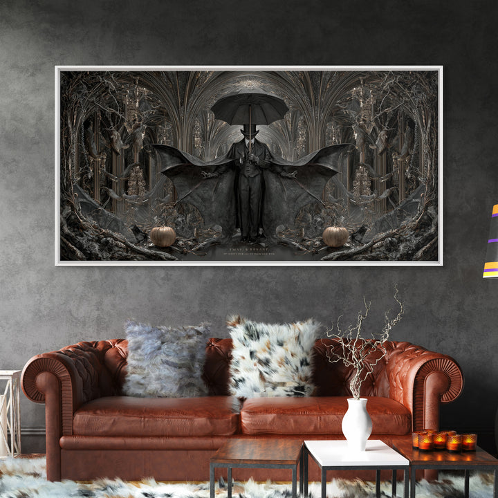 The Bat Umbrella Salesman, Wide Panoramic Art, Dark Fantasy Wall Art, Canvas Print, Halloween Wall Decor, Gothic Home Decor