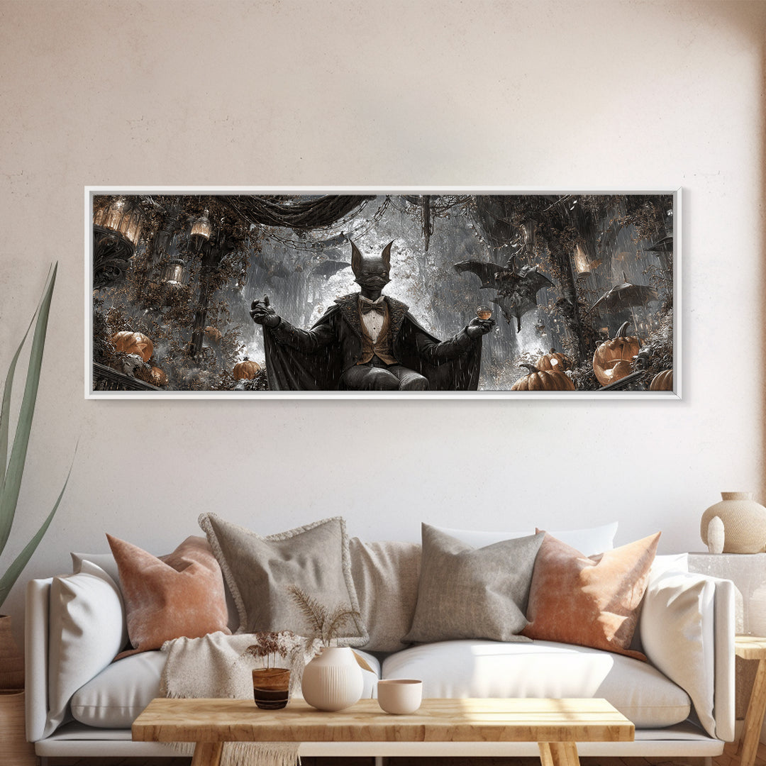 The Bat Umbrella Salesman, Extra Wide Wall Art, Macabre Wall Art, Framed Canvas Print, Halloween Wall Decor, Gothic Home Decor