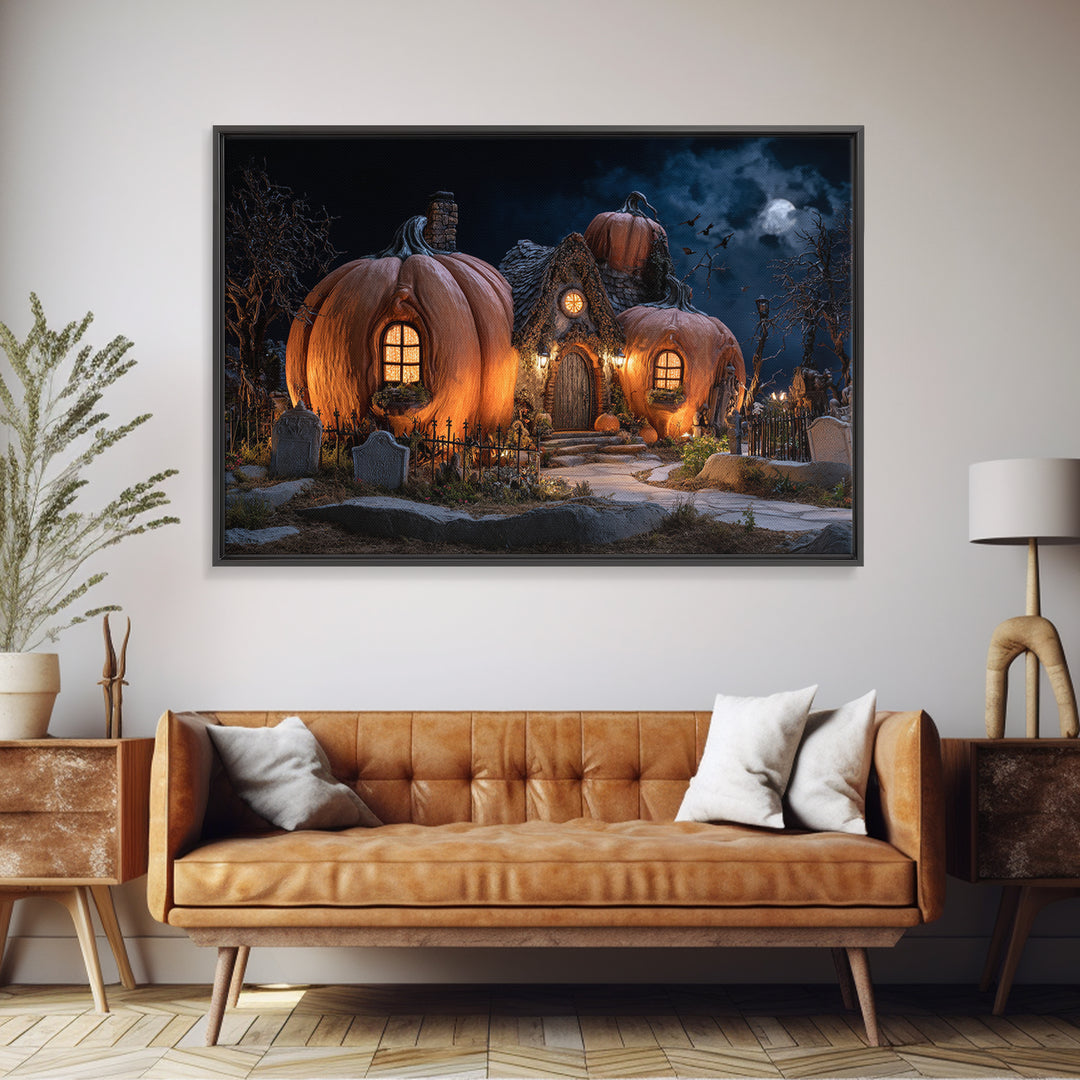 The Pumpkin-House Neighborhood, Landscape Wall Art, Dark Halloween Decor, Canvas Print, Halloween Wall Decor, Gothic Home Decor