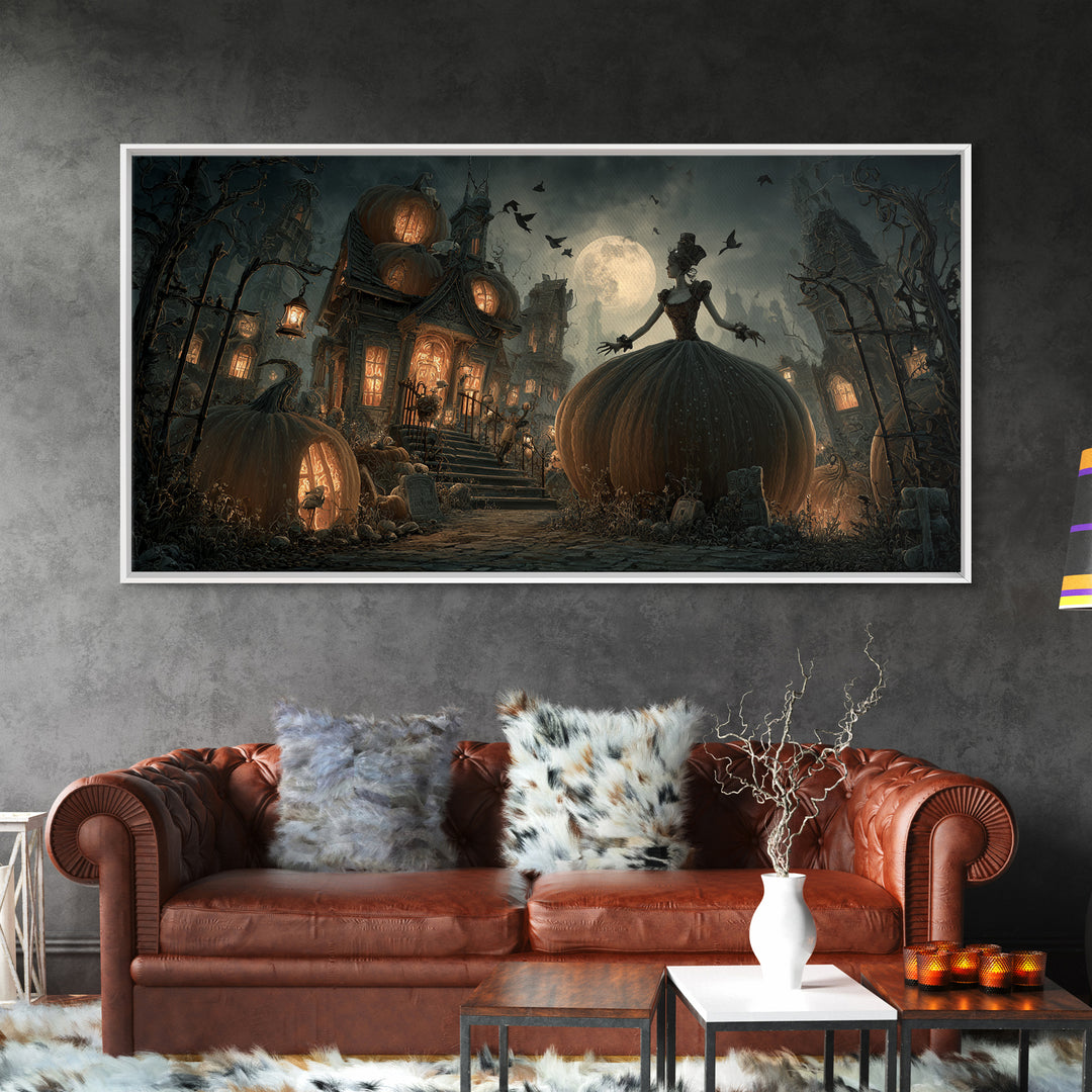 The Pumpkin-House Neighborhood, Wide Panoramic Art, Gothic Horror Wall Art, Framed Canvas Print, Halloween Wall Decor, Gothic Home Decor