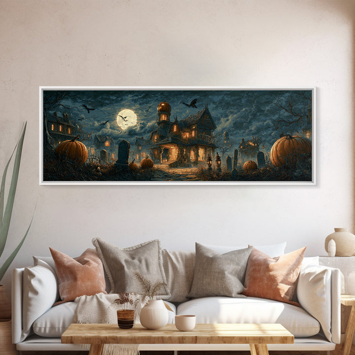 The Pumpkin-House Neighborhood, Extra Wide Wall Art, Spooky Home Decor, Canvas Print, Halloween Wall Decor, Gothic Home Decor