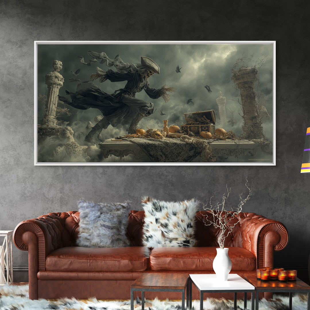 The Ghost Pirate Picnic, Wide Panoramic Art, Haunted Gothic Art, Framed Canvas Print, Halloween Wall Decor, Gothic Home Decor