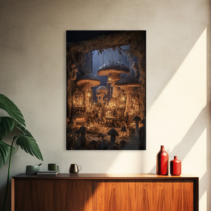 The Moonlit Mushroom Village, Vertical Wall Art, Dark Halloween Decor, Canvas Print, Halloween Wall Decor, Gothic Home Decor