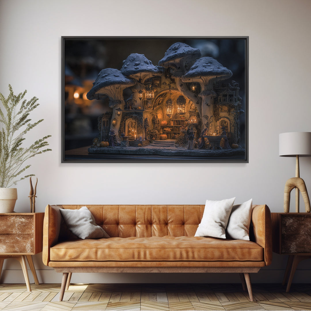 The Moonlit Mushroom Village, Landscape Wall Art, Dark Fantasy Wall Art, Canvas Print, Halloween Wall Decor, Gothic Home Decor