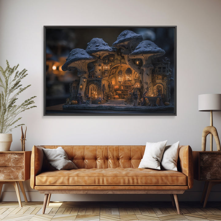 The Moonlit Mushroom Village, Landscape Wall Art, Dark Fantasy Wall Art, Canvas Print, Halloween Wall Decor, Gothic Home Decor