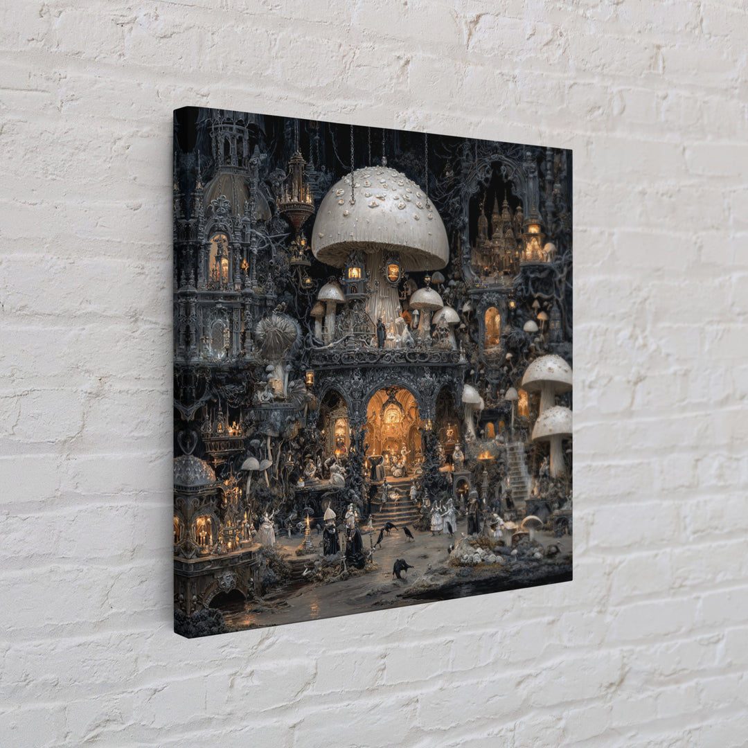 The Moonlit Mushroom Village, Square Wall Art, Dark Halloween Decor, Canvas Print, Halloween Wall Decor, Gothic Home Decor