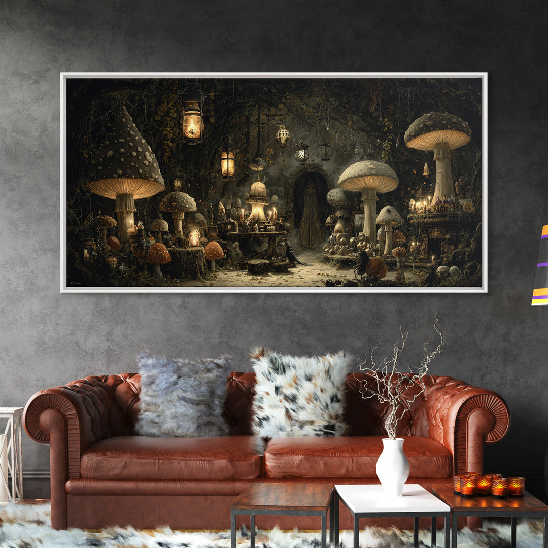The Moonlit Mushroom Village, Wide Panoramic Art, Macabre Wall Art, Framed Canvas Print, Halloween Wall Decor, Gothic Home Decor