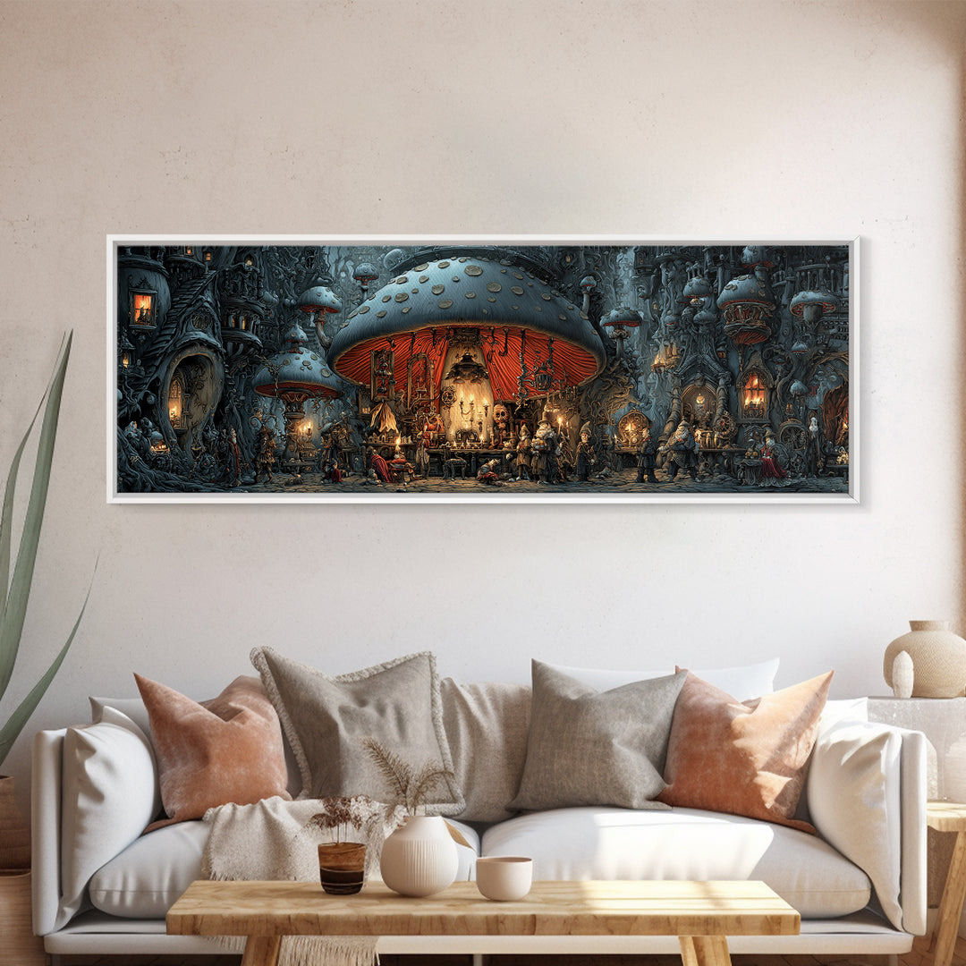 The Moonlit Mushroom Village, Extra Wide Wall Art, Gothic Horror Wall Art, Framed Canvas Print, Halloween Wall Decor, Gothic Home Decor