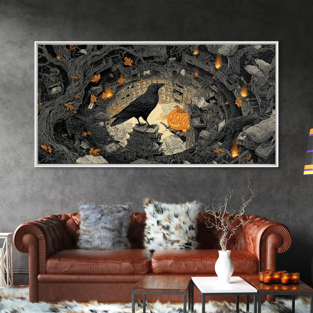 The Raven Post Office, Wide Panoramic Art, Spooky Home Decor, Canvas Print, Halloween Wall Decor, Gothic Home Decor, Halloween Wall Art