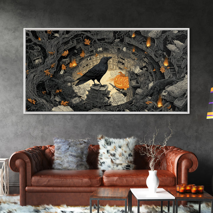 The Raven Post Office, Wide Panoramic Art, Spooky Home Decor, Canvas Print, Halloween Wall Decor, Gothic Home Decor, Halloween Wall Art