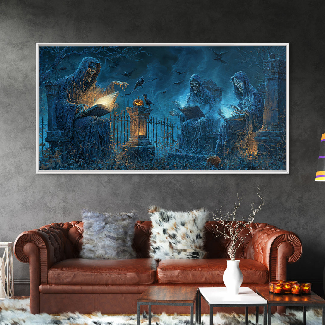 The Graveyard Book Club, Wide Panoramic Art, Macabre Wall Art, Framed Canvas Print, Halloween Wall Decor, Gothic Home Decor, Horror Wall Art
