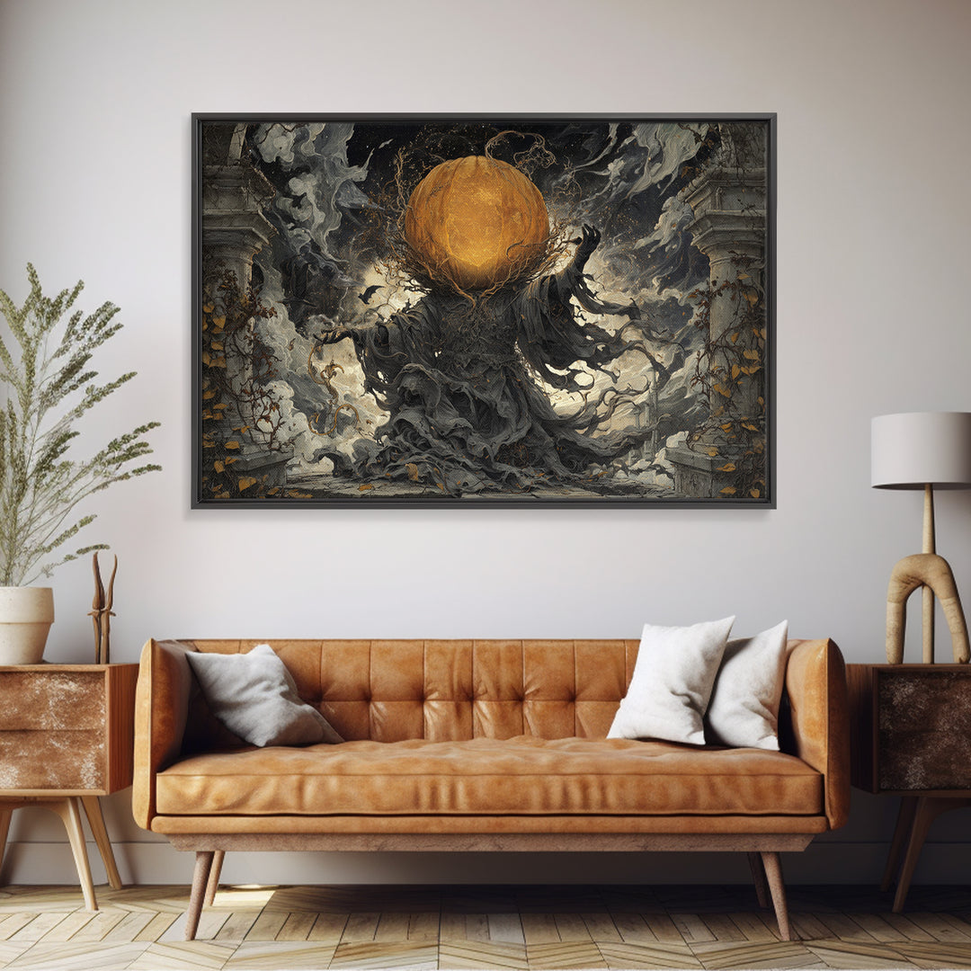 The Cosmic Pumpkin God, Landscape Wall Art, Haunted Gothic Art, Framed Canvas Print, Halloween Wall Decor, Gothic Home Decor