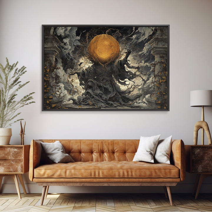 The Cosmic Pumpkin God, Landscape Wall Art, Haunted Gothic Art, Framed Canvas Print, Halloween Wall Decor, Gothic Home Decor