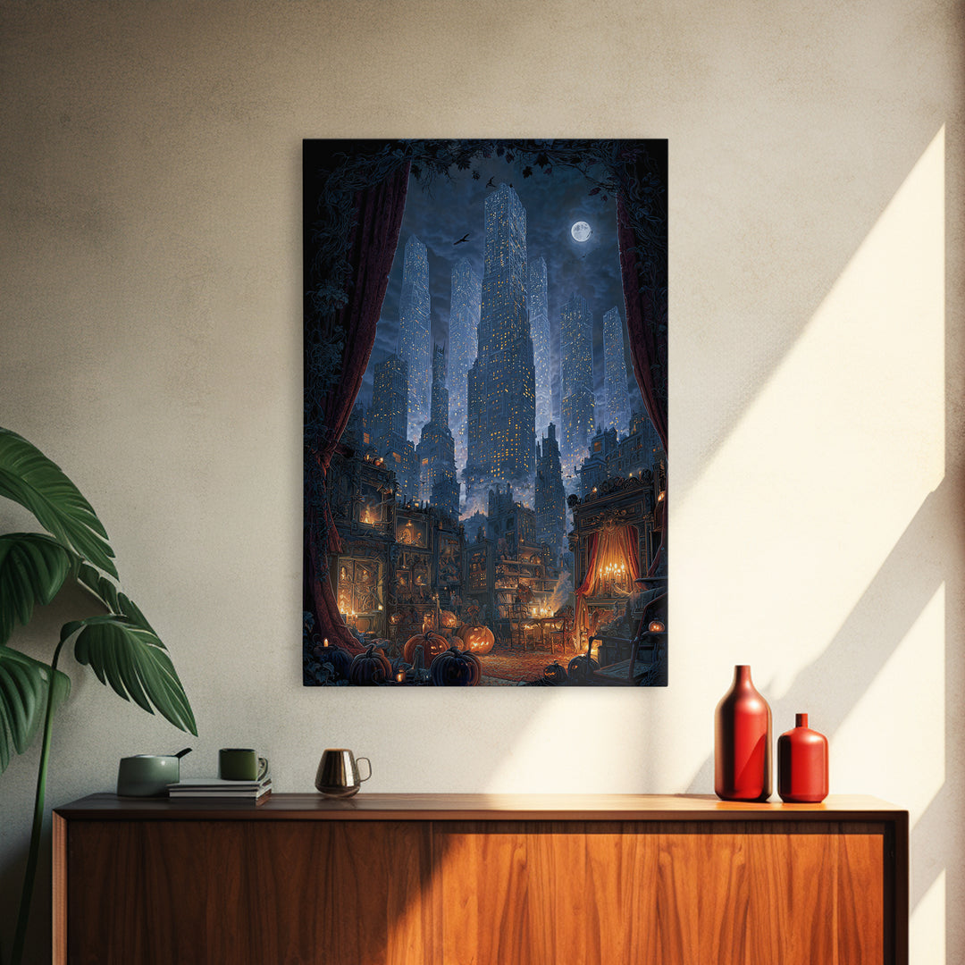 The Haunted City Skyline, Vertical Wall Art, Haunted Gothic Art, Framed Canvas Print, Halloween Wall Decor, Gothic Home Decor