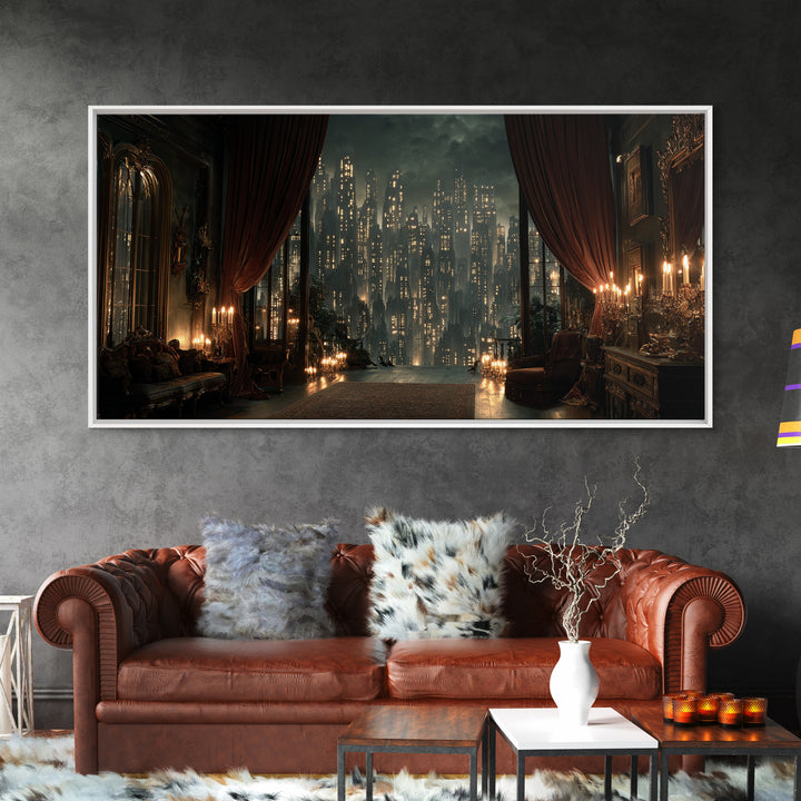The Haunted City Skyline, Wide Panoramic Art, Dark Fantasy Wall Art, Canvas Print, Halloween Wall Decor, Gothic Home Decor