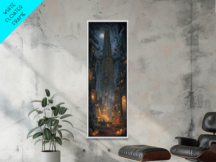 The Haunted City Skyline, Tall Narrow Wall Art, Haunted Gothic Art, Framed Canvas Print, Halloween Wall Decor, Gothic Home Decor