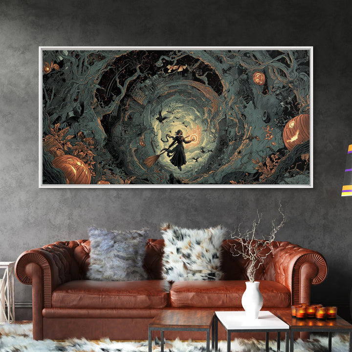 The Cyberpunk Witch, Wide Panoramic Art, Haunted Gothic Art, Framed Canvas Print, Halloween Wall Decor, Gothic Home Decor