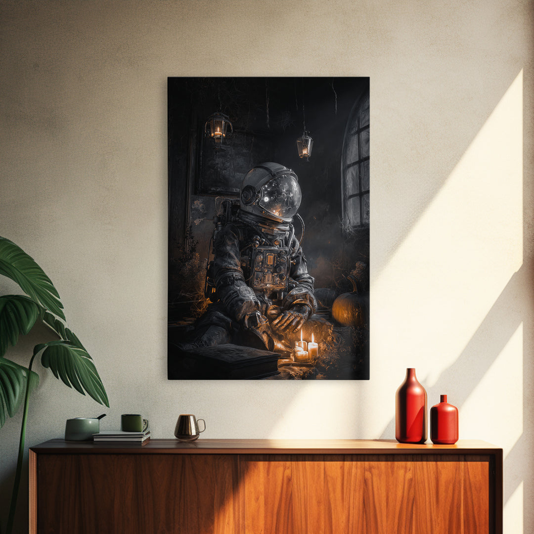 The Astronaut Ghost, Vertical Wall Art, Haunted Gothic Art, Framed Canvas Print, Halloween Wall Decor, Gothic Home Decor, Horror Wall Art