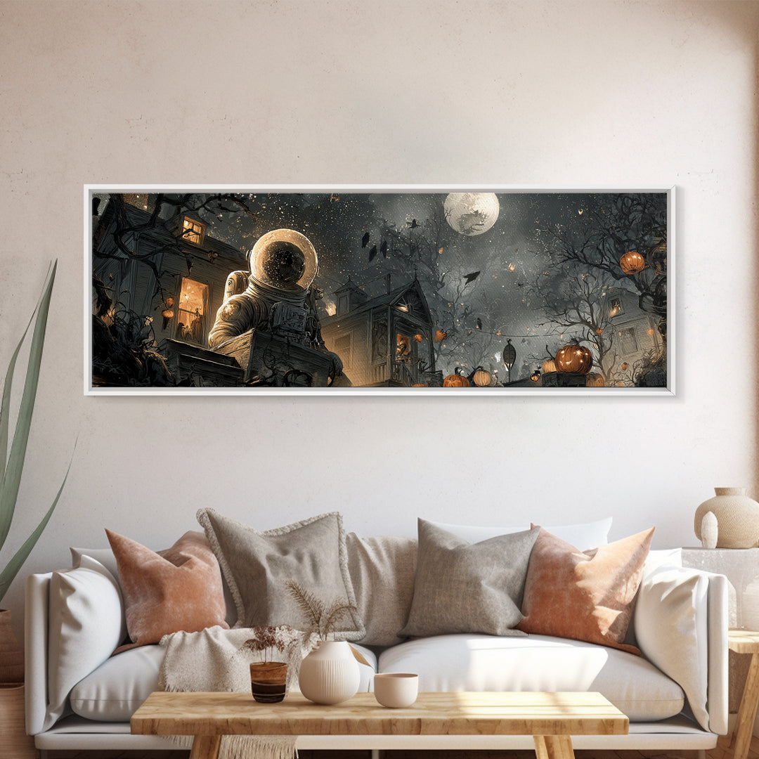 The Astronaut Ghost, Extra Wide Wall Art, Macabre Wall Art, Framed Canvas Print, Halloween Wall Decor, Gothic Home Decor, Halloween Wall Art