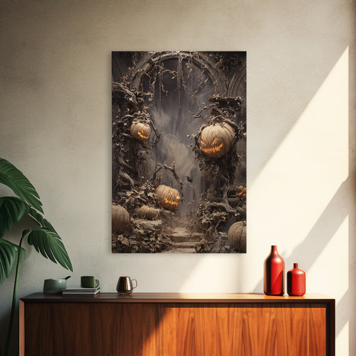 The Alien Pumpkin Patch, Vertical Wall Art, Haunted Gothic Art, Framed Canvas Print, Halloween Wall Decor, Gothic Home Decor