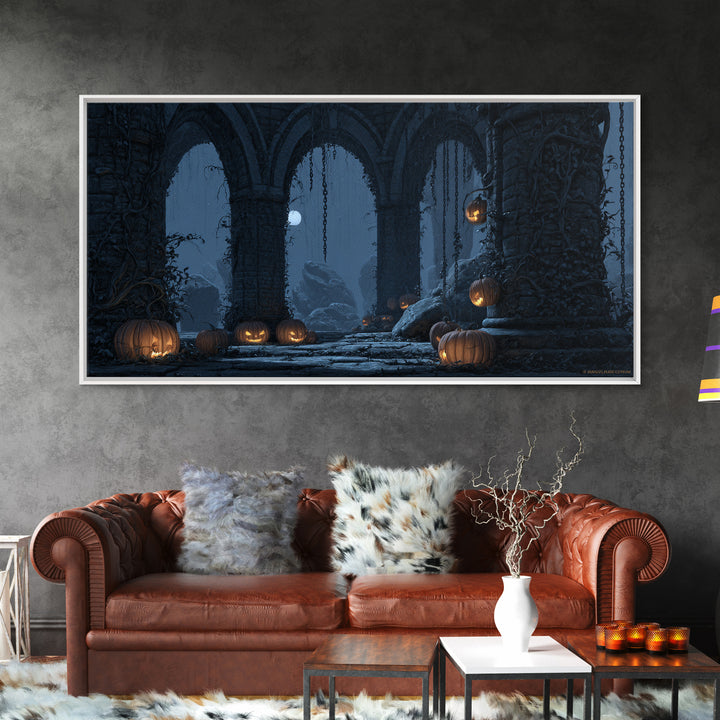 The Alien Pumpkin Patch, Wide Panoramic Art, Gothic Horror Wall Art, Framed Canvas Print, Halloween Wall Decor, Gothic Home Decor