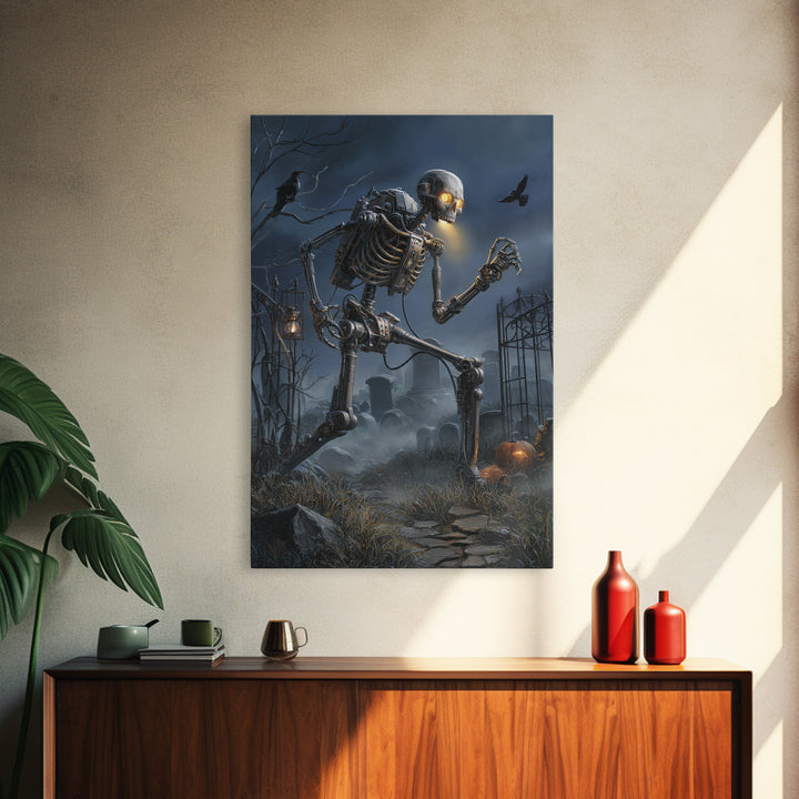The Biomechanical Skeleton, Vertical Wall Art, Macabre Wall Art, Framed Canvas Print, Halloween Wall Decor, Gothic Home Decor